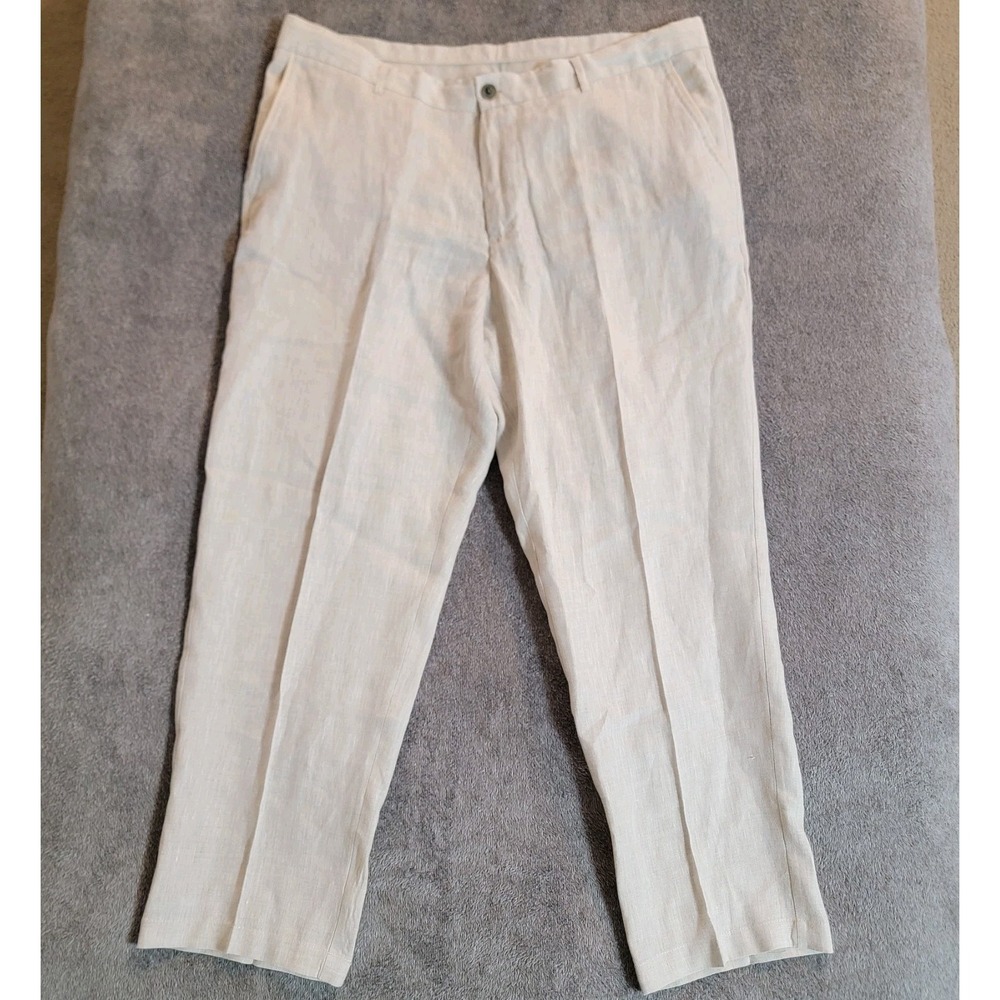 Tasso Elba Island Pants Men's XL 38x30 100% Linen Flat Front Beige Slack